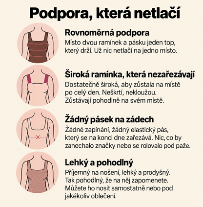 Rovnoměrná opora, široká ramínka a lehké pohodlí